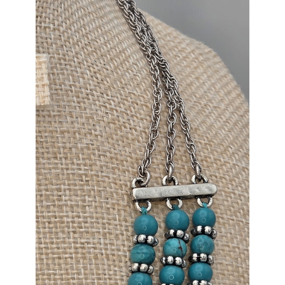 New! LUCKY BRAND Multi-Strand Silver Tone Faux Turquois Beaded Necklace MSRP $45 - Picture 4 of 6